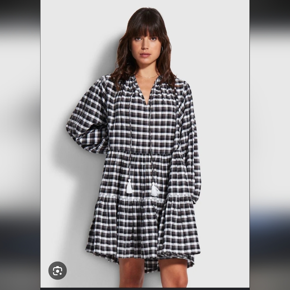 Seafolly Black and White Plaid Gingham Mini Dress Vacation Beach Cover Up M Boho